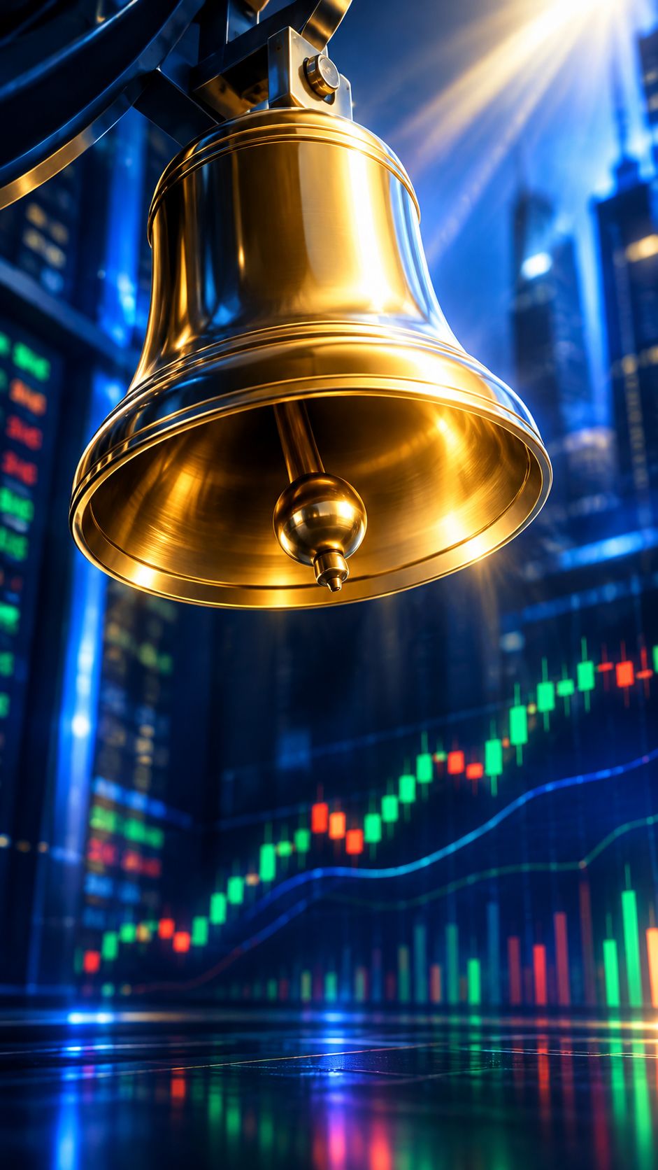 Golden bell with light rays at the moment of market open