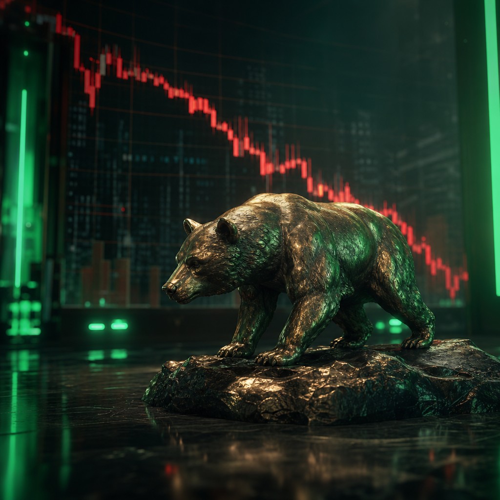 Bronze bear statue with a descending red chart behind it