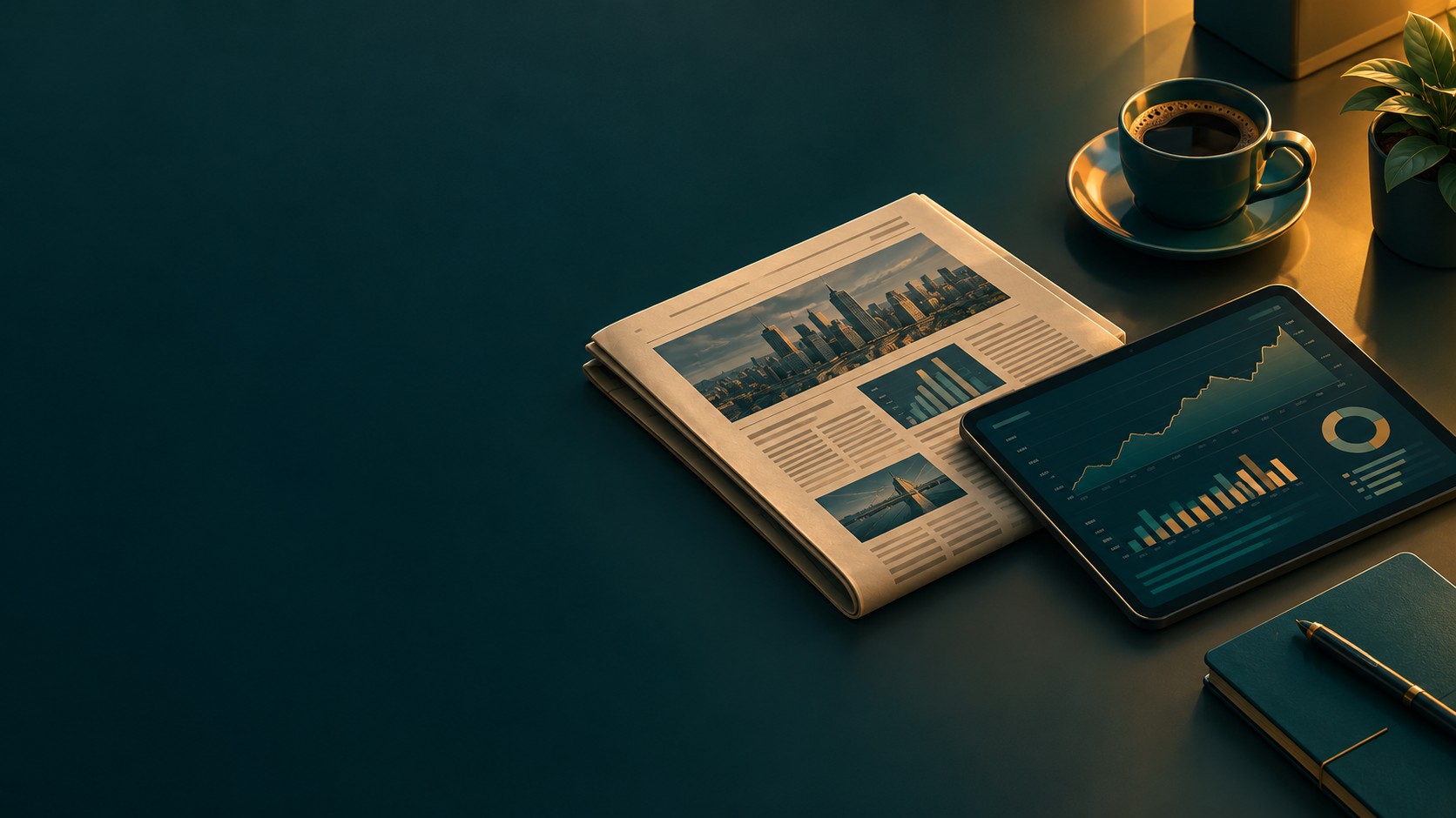 Financial newspaper tablet with charts and coffee on a desk
